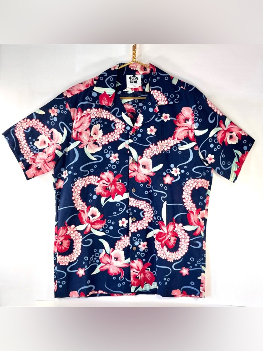 Vtg Hilo Hattie Hawaiian Camp Shirt Mens L Blue Pink Hibiscus Aloha Leis USA